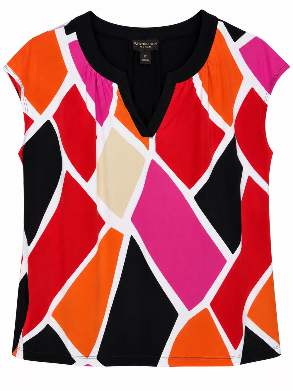 Worthington Woman 1X Geometric Colorblock Short Sleeve Blouse Top